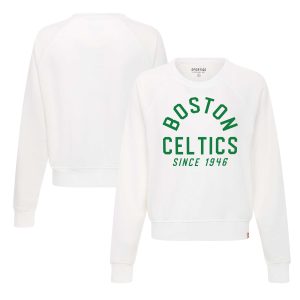 Sportiqe Boston Celtics Women's White Ashlyn Super Soft Elegant Raglan Pullover Sweatshirt