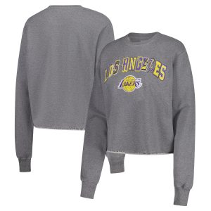 Sportiqe Premium Los Angeles Lakers Women's Heather Gray Varsity Collection Kacey Cropped Pullover Sweatshirt