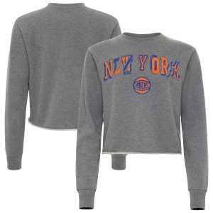 Sportiqe New York Knicks Women's Heather Gray Varsity Collection Kacey Cropped Unique Pullover Sweatshirt