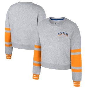 Stadium Essentials New York Knicks Women's Heather Gray 2024/25 City Edition Scrimmage Cropped Stylish Pullover Sweatshirt