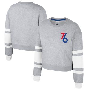 Stadium Essentials Philadelphia 76ers Women's Heather Gray 2024/25 City Edition Scrimmage Cropped Pullover Trendy Sweatshirt