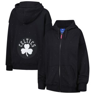 Terez Boston Celtics Women's Black Oversized Allover Stylish Gemstone Full Zip Hoodie