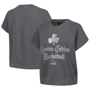 The Wild Collective Boston Celtics Women's Gray Embroidered Fleece Raglan Short Fabulous Sleeve Pullover Sweatshirt