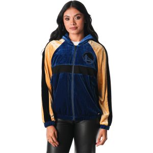 The Wild Collective Golden State Warriors Women's Stylish Blue Velour Full Zip Track Jacket Hoodie