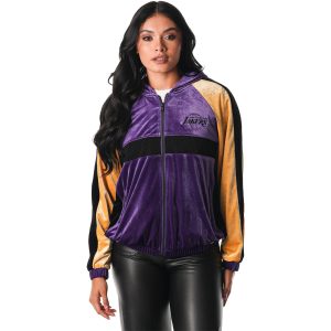 The Wild Collective Los Angeles Chic Lakers Women's Purple Velour Full Zip Track Jacket Hoodie
