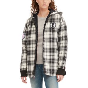 Tommy Jeans Unique Brooklyn Nets Women's Black/Cream Molly Flannel Full Zip Hoodie