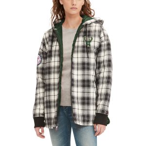 Tommy Jeans Trendy Milwaukee Bucks Women's Black/Cream Molly Flannel Full Zip Hoodie