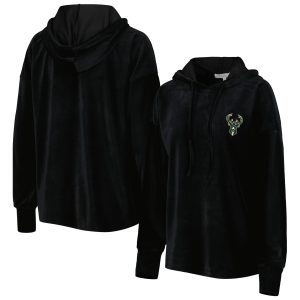 Touch Milwaukee Bucks Women's Black End Line Velour Chic Pullover Hoodie