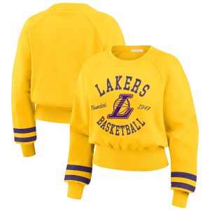 WEAR by Erin Andrews Los Angeles Lakers Women's Stylish Gold Vintage Raglan Cropped Pullover Sweatshirt