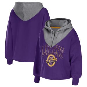 WEAR by Erin Andrews Los Angeles Lakers Women's Purple Trendy Pieced Quarter Zip Hoodie Jacket