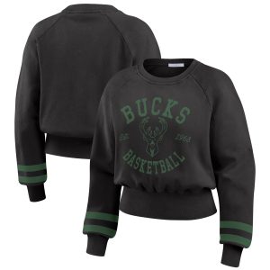 WEAR Premium by Erin Andrews Milwaukee Bucks Women's Black Vintage Raglan Cropped Pullover Sweatshirt