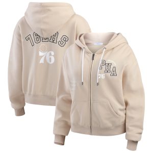 WEAR by Erin Andrews Unique Philadelphia 76ers Women's Tan Tonal Felt Patch Full Zip Hoodie